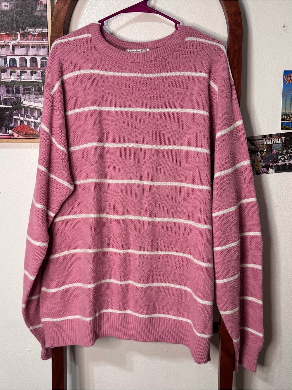 Christian Dior Vintage Pink Striped Knit Sweater Chevron Pattern